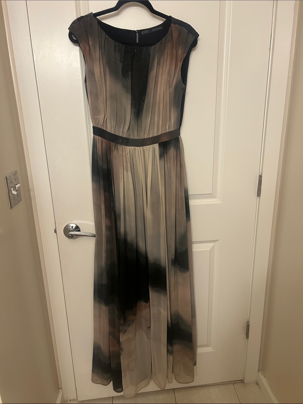 Zara Beige and Black Pleated Sheer Maxi Dress